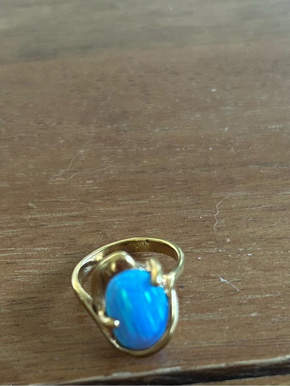 Gold Women's Ring with Bright Blue Opal Cabochon